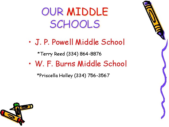 OUR MIDDLE SCHOOLS • J. P. Powell Middle School *Terry Reed (334) 864 -8876