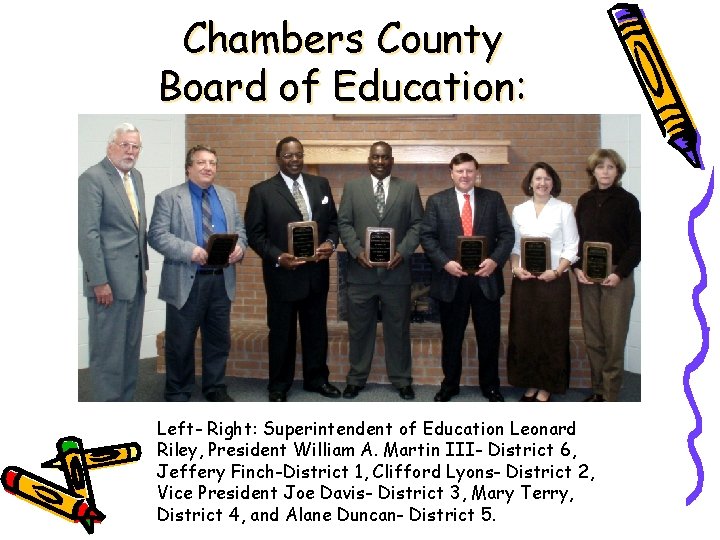 Chambers County Board of Education: Left- Right: Superintendent of Education Leonard Riley, President William