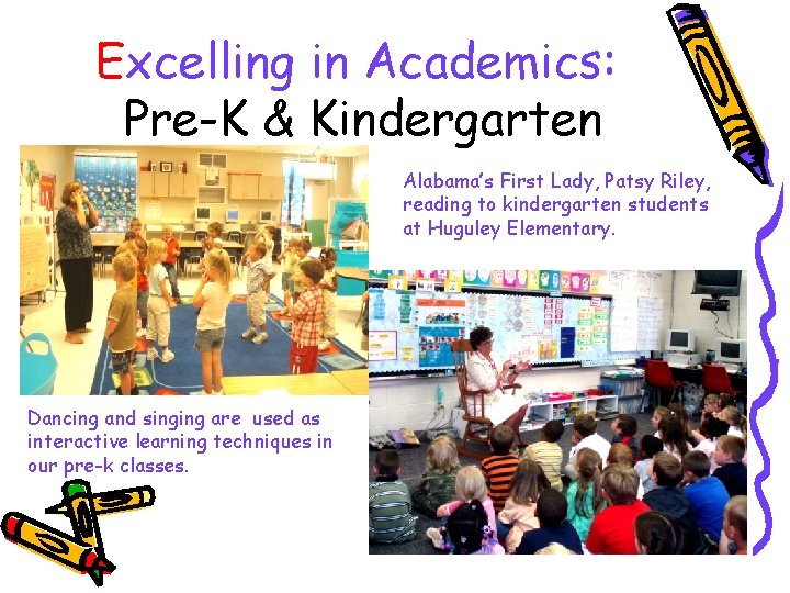 Excelling in Academics: Pre-K & Kindergarten Alabama’s First Lady, Patsy Riley, reading to kindergarten