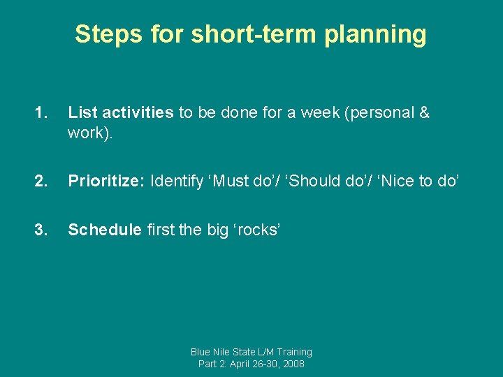 Steps for short-term planning 1. List activities to be done for a week (personal