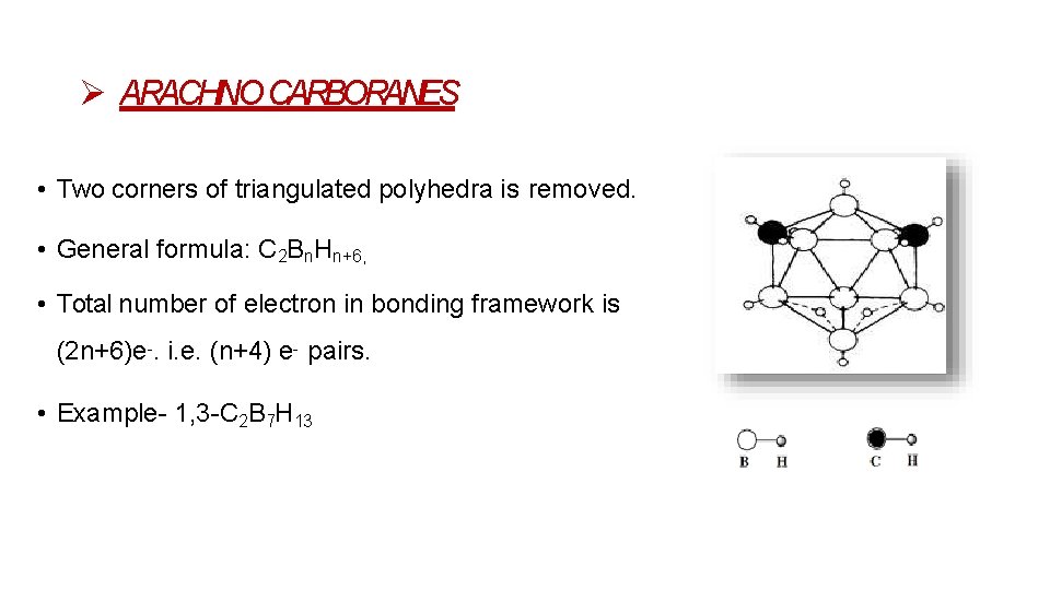 ARACHNO CARBORANES • Two corners of triangulated polyhedra is removed. • General formula: ARACHNO CARBORANES • Two corners of triangulated polyhedra is removed. • General formula: