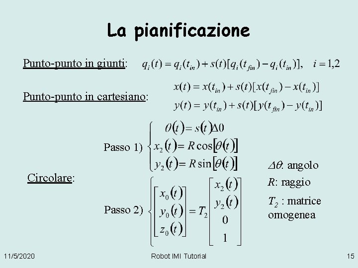 La pianificazione Punto-punto in giunti: Punto-punto in cartesiano: Passo 1) : angolo Circolare: R: