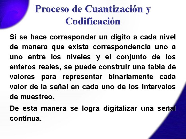 Proceso de Cuantización y Codificación Si se hace corresponder un dígito a cada nivel