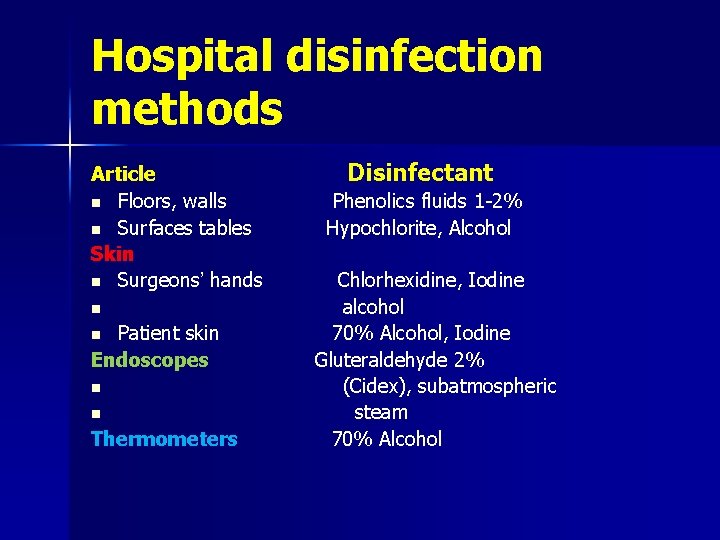 Hospital disinfection methods Article n Floors, walls n Surfaces tables Skin n Surgeons’ hands