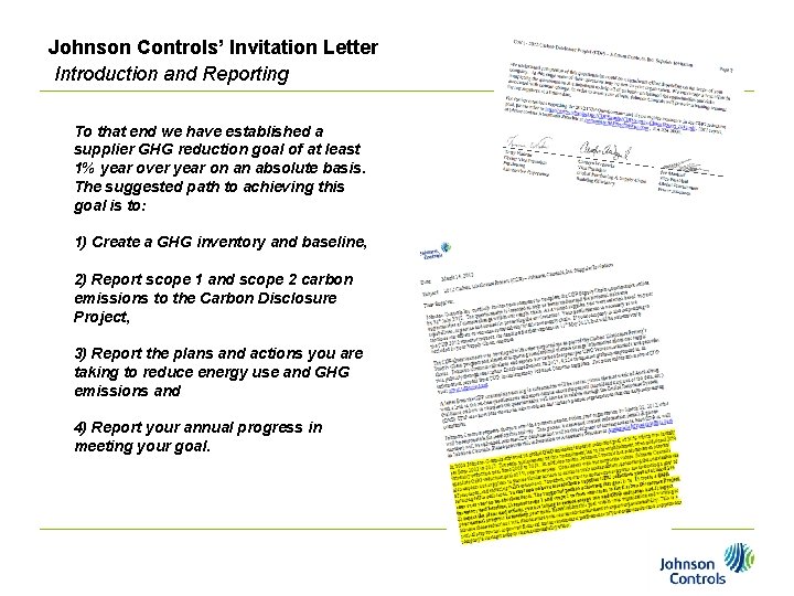 Johnson Controls’ Invitation Letter Introduction and Reporting To that end we have established a