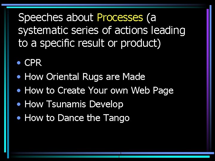 Speeches about Processes (a systematic series of actions leading to a specific result or