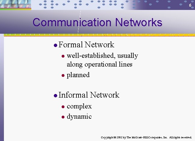 6 Communication Networks l Formal Network well-established, usually along operational lines l planned l
