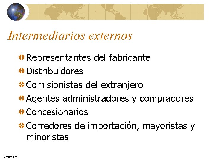 Intermediarios externos Representantes del fabricante Distribuidores Comisionistas del extranjero Agentes administradores y compradores Concesionarios