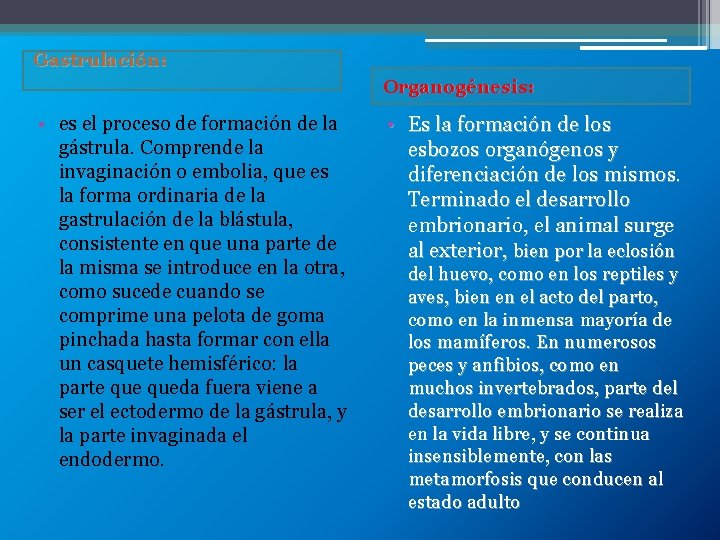 Gastrulación: Organogénesis: • es el proceso de formación de la gástrula. Comprende la invaginación