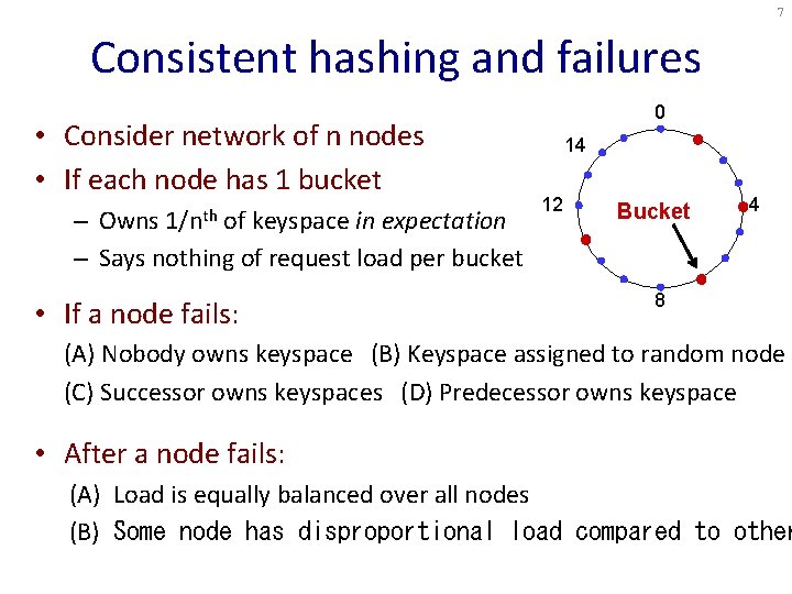 7 Consistent hashing and failures • Consider network of n nodes • If each