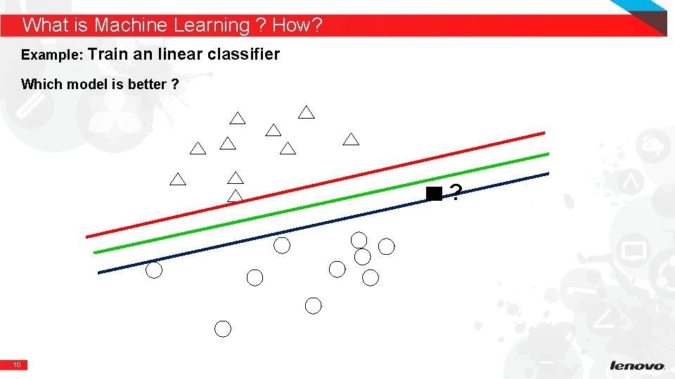 What is Machine Learning ? How? Example: Train an linear classifier Which model is What is Machine Learning ? How? Example: Train an linear classifier Which model is