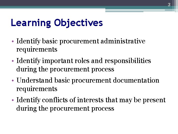 3 Learning Objectives • Identify basic procurement administrative requirements • Identify important roles and