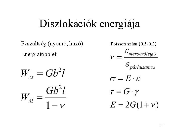 Diszlokációk energiája Feszültség (nyomó, húzó) Poisson szám (0, 5 -0, 2): Energiatöbblet 17 