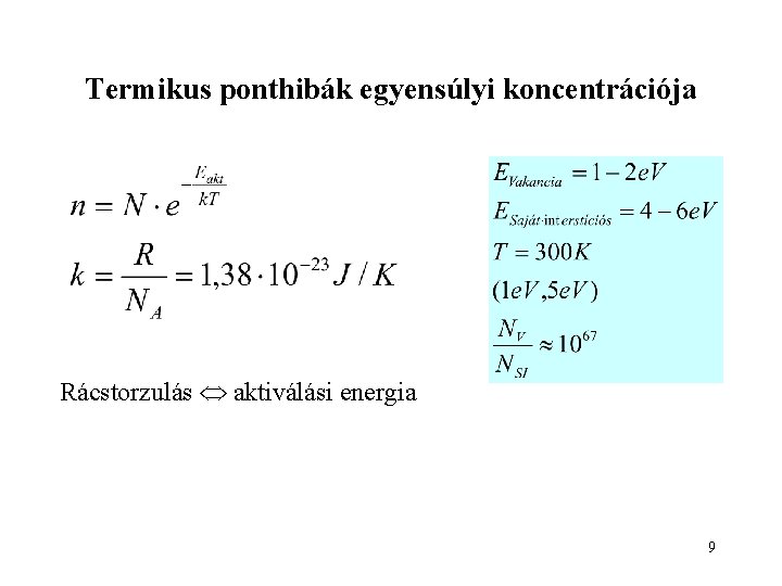 Termikus ponthibák egyensúlyi koncentrációja Rácstorzulás aktiválási energia 9 