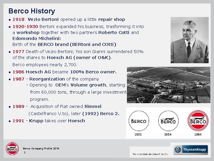 Berco History u u u 1918 Vezio Bertoni opened up a little repair shop Berco History u u u 1918 Vezio Bertoni opened up a little repair shop