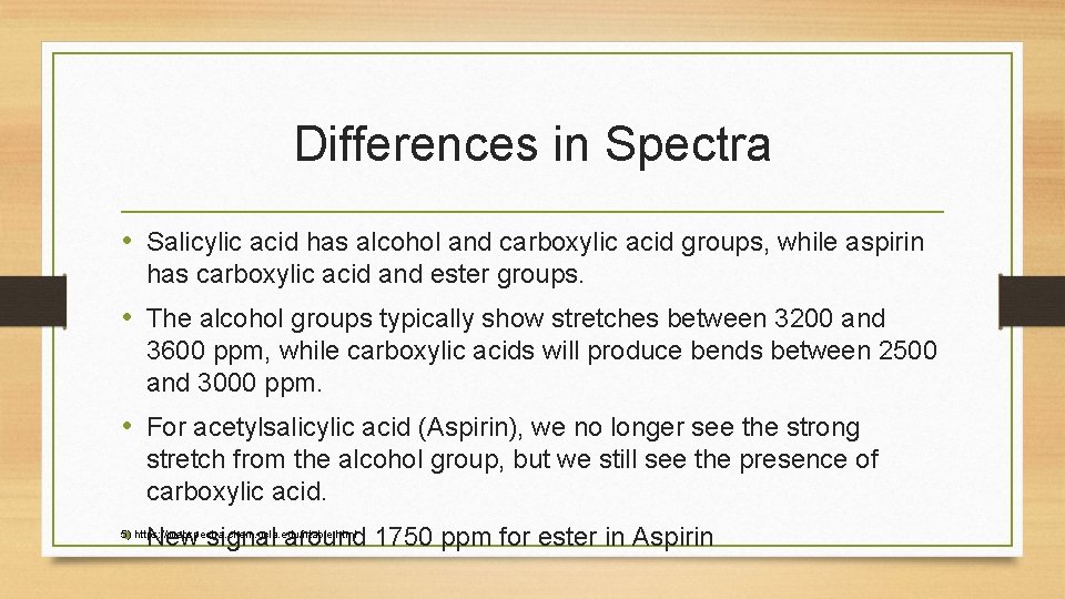 Differences in Spectra • Salicylic acid has alcohol and carboxylic acid groups, while aspirin