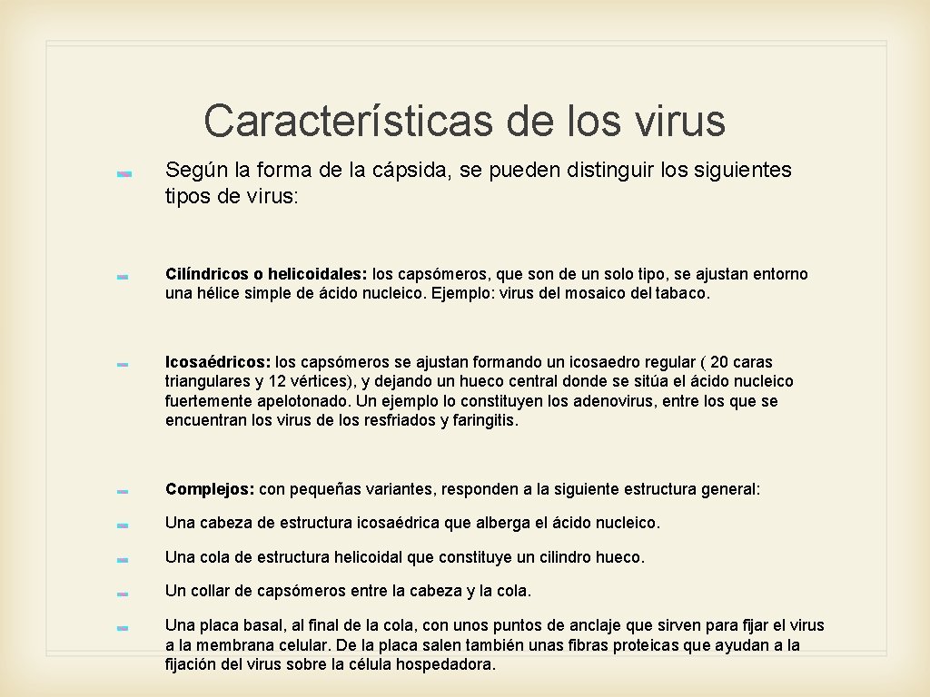 Características de los virus Según la forma de la cápsida, se pueden distinguir los