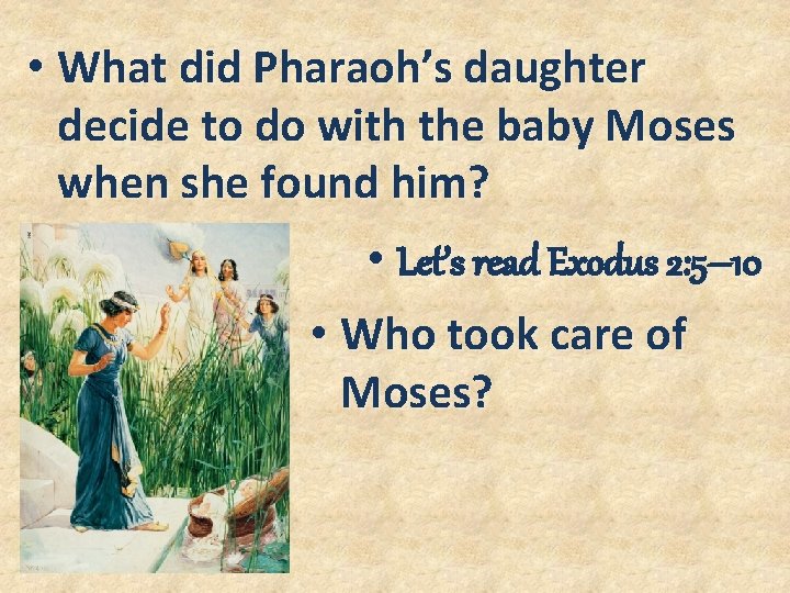 • What did Pharaoh’s daughter decide to do with the baby Moses when