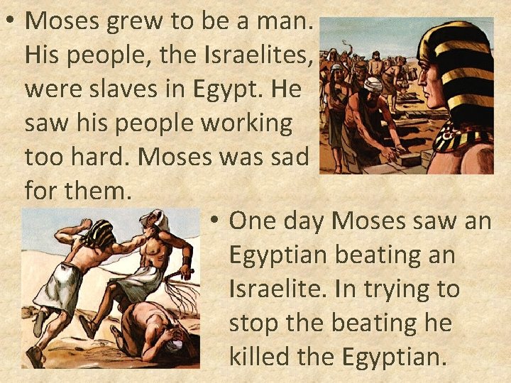  • Moses grew to be a man. His people, the Israelites, were slaves