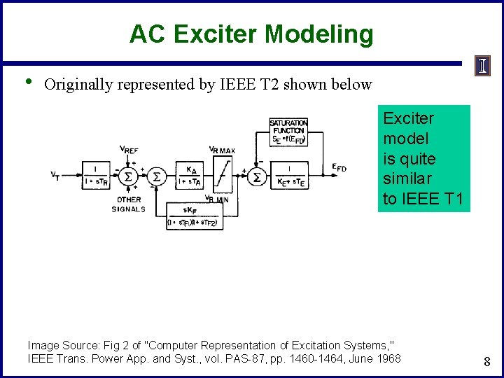 AC Exciter Modeling • Originally represented by IEEE T 2 shown below Exciter model