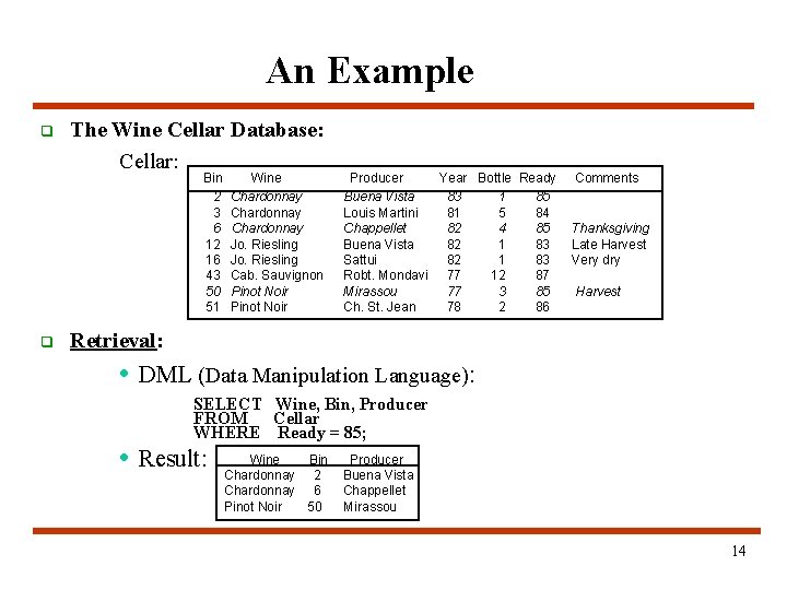 An Example q The Wine Cellar Database: Cellar: Bin Wine Producer Year Bottle Ready An Example q The Wine Cellar Database: Cellar: Bin Wine Producer Year Bottle Ready