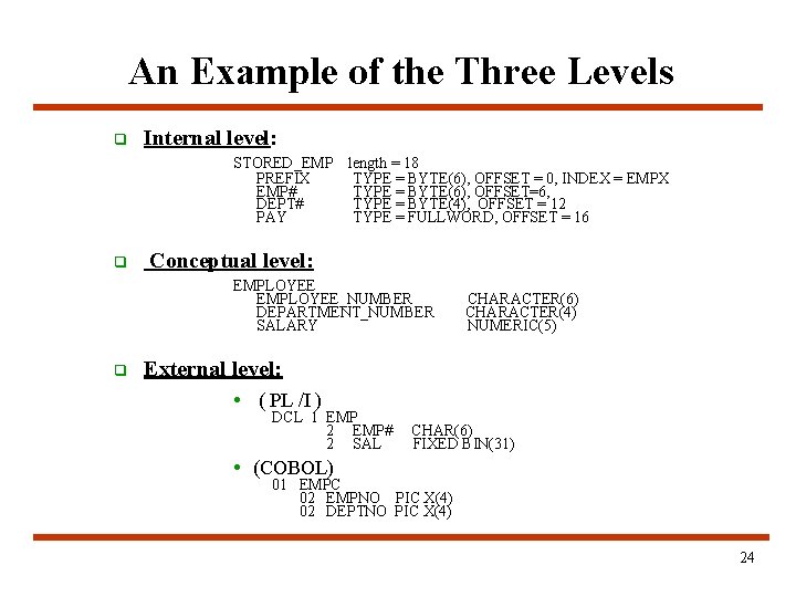 An Example of the Three Levels q Internal level: STORED_EMP PREFIX EMP# DEPT# PAY An Example of the Three Levels q Internal level: STORED_EMP PREFIX EMP# DEPT# PAY