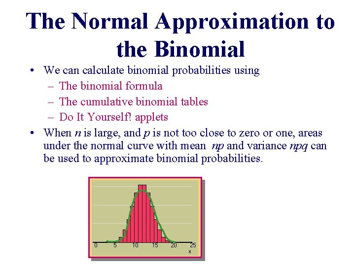 The Normal Approximation to the Binomial • We can calculate binomial probabilities using –