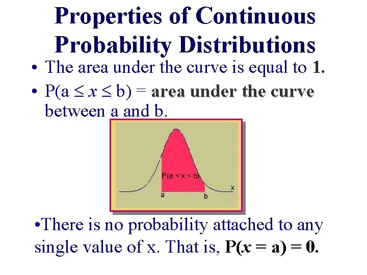 Properties of Continuous Probability Distributions • The area under the curve is equal to