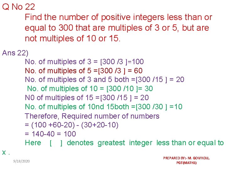 Q No 22 Find the number of positive integers less than or equal to