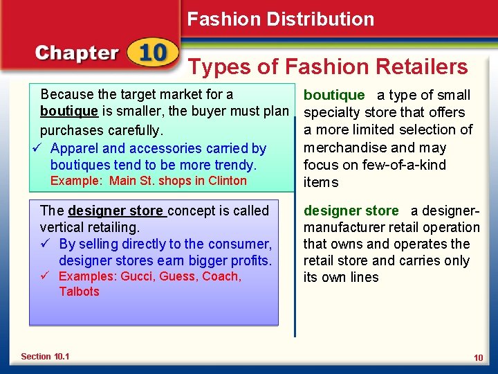 Fashion Distribution Types of Fashion Retailers Because the target market for a boutique is