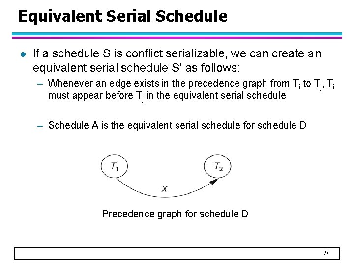 Equivalent Serial Schedule l If a schedule S is conflict serializable, we can create