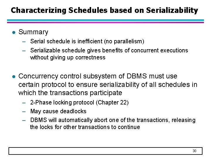 Characterizing Schedules based on Serializability l Summary – Serial schedule is inefficient (no parallelism)