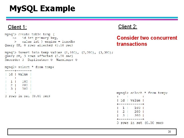 My. SQL Example Client 1: Client 2: Consider two concurrent transactions 31 