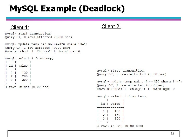 My. SQL Example (Deadlock) Client 1: Client 2: 32 