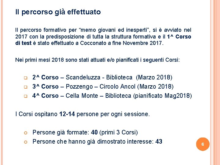 Il percorso già effettuato Il percorso formativo per “memo giovani ed inesperti”, si è