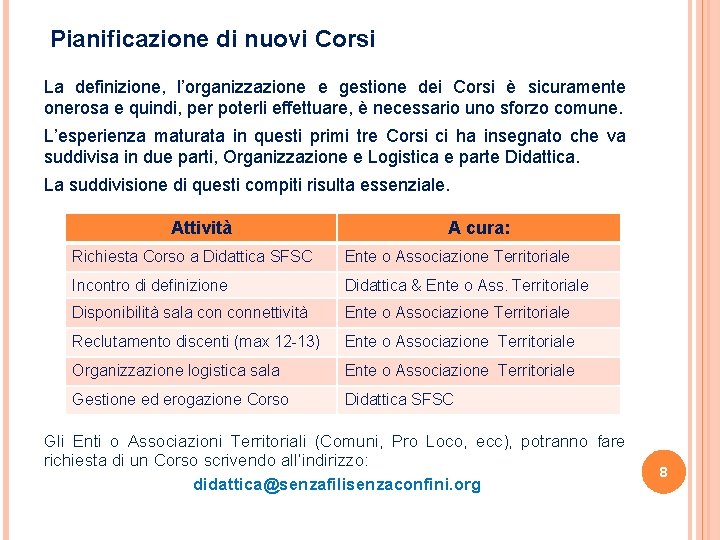 Pianificazione di nuovi Corsi La definizione, l’organizzazione e gestione dei Corsi è sicuramente onerosa