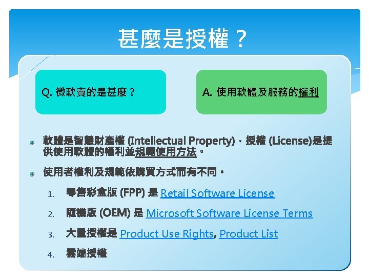 甚麼是授權？ Q. 微軟賣的是甚麼？ 1. 2. 3. 4. A. 使用軟體及服務的權利 Retail Software License Microsoft Software