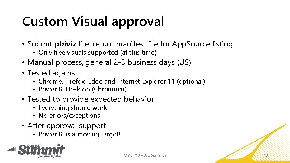 Custom Visual approval • Submit pbiviz file, return manifest file for App. Source listing
