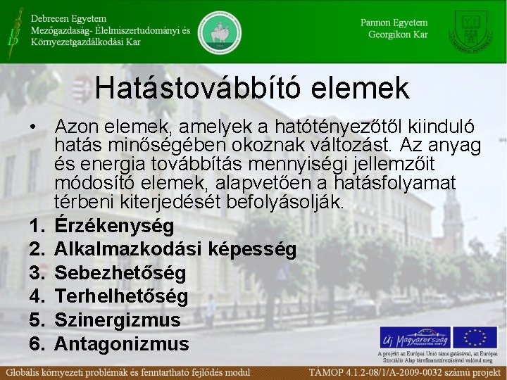 Hatástovábbító elemek • Azon elemek, amelyek a hatótényezőtől kiinduló hatás minőségében okoznak változást. Az