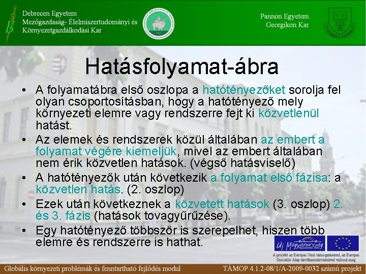 Hatásfolyamat-ábra • A folyamatábra első oszlopa a hatótényezőket sorolja fel olyan csoportosításban, hogy a