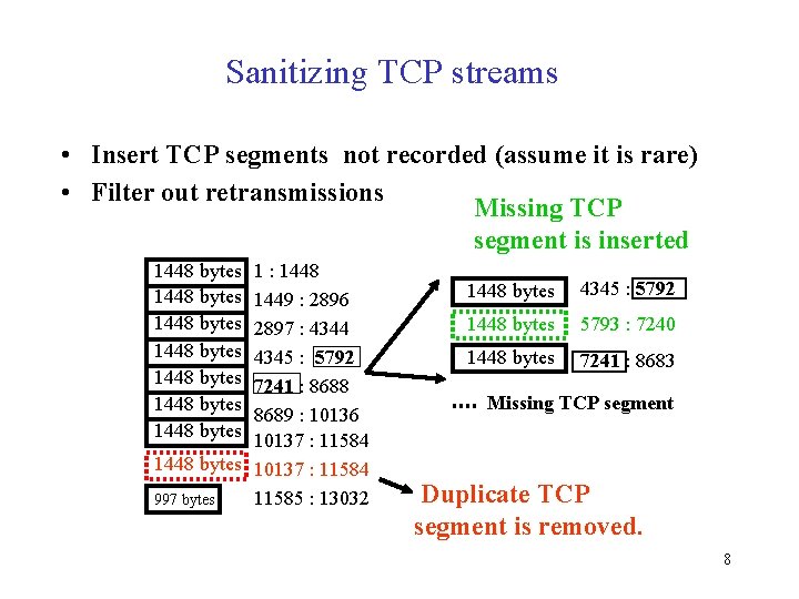 Sanitizing TCP streams • Insert TCP segments not recorded (assume it is rare) •