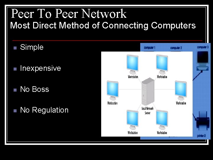 Peer To Peer Network Most Direct Method of Connecting Computers n Simple n Inexpensive