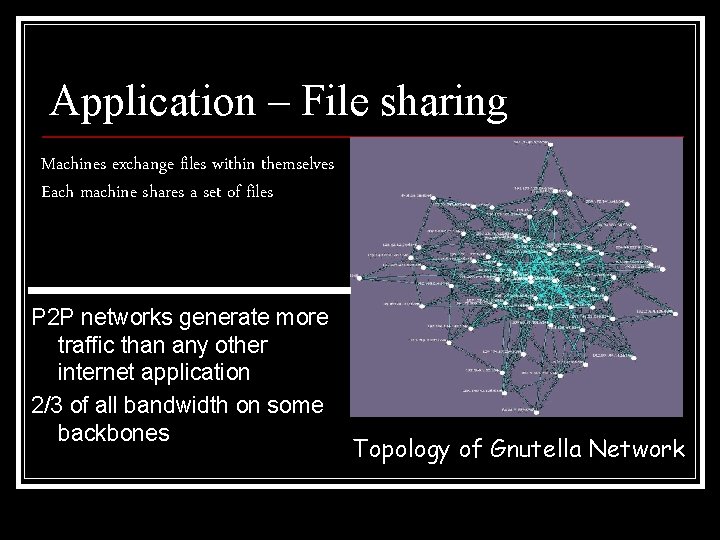 Application – File sharing Machines exchange files within themselves Each machine shares a set