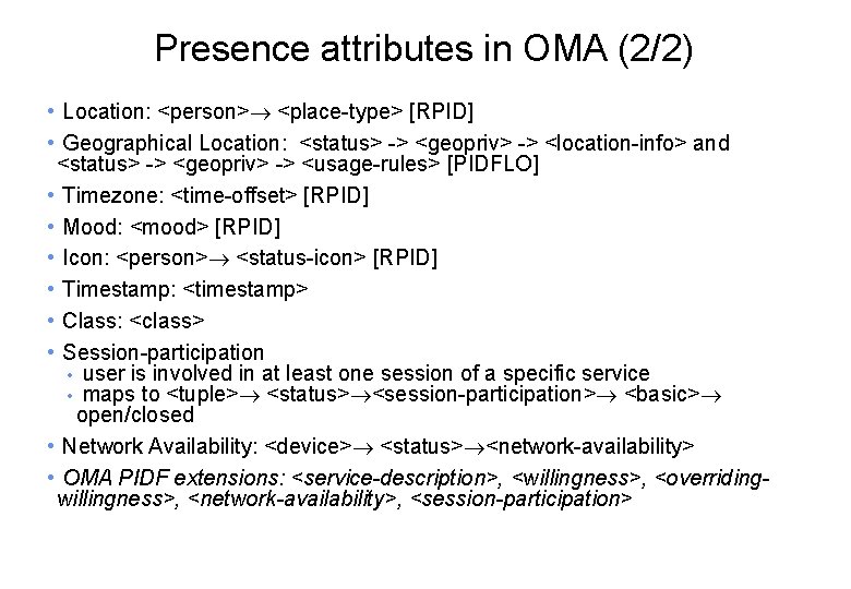 Presence attributes in OMA (2/2) • Location: <person> <place-type> [RPID] • Geographical Location: <status>