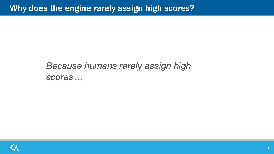 Why does the engine rarely assign high scores? Because humans rarely assign high scores…