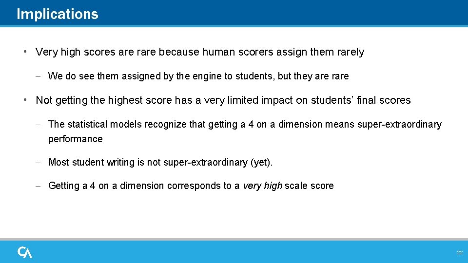Implications • Very high scores are rare because human scorers assign them rarely –