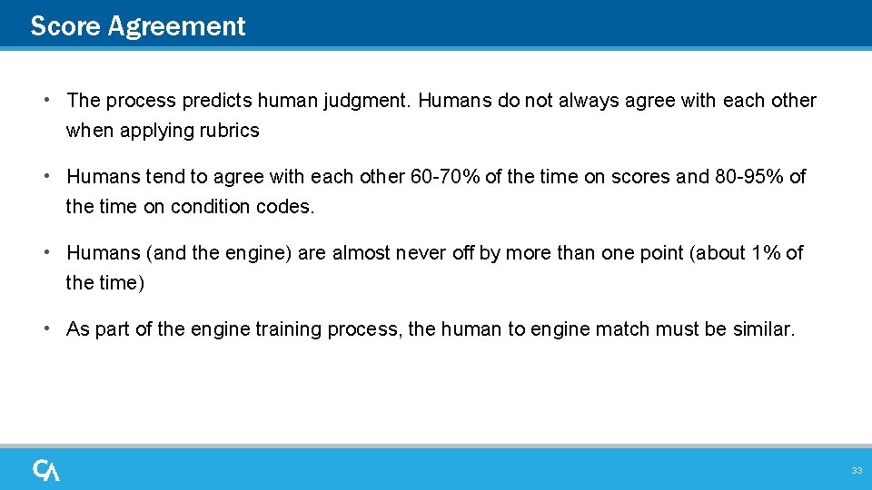 Score Agreement • The process predicts human judgment. Humans do not always agree with