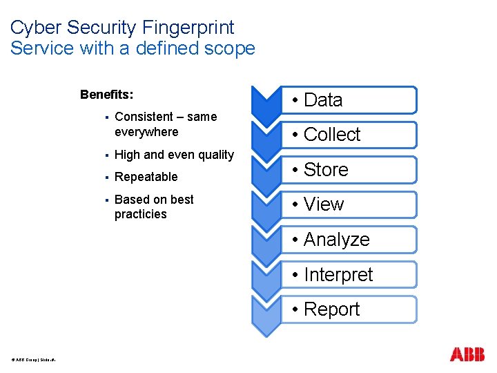 Cyber Security Fingerprint Service with a defined scope Benefits: § Consistent – same everywhere
