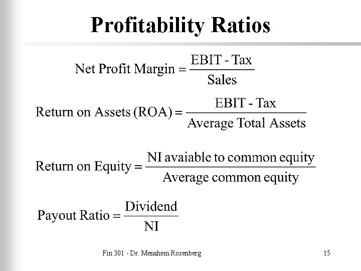 Profitability Ratios Fin 301 - Dr. Menahem Rosenberg 15 