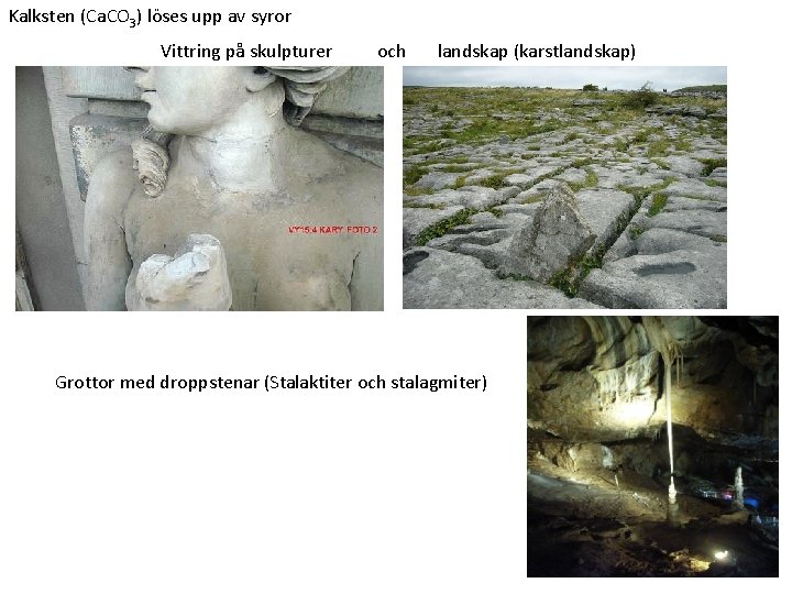 Kalksten (Ca. CO 3) löses upp av syror Vittring på skulpturer och landskap (karstlandskap)